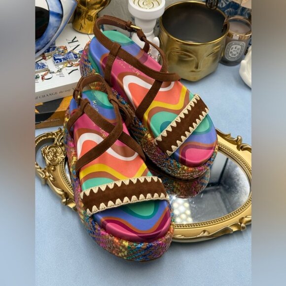 🆕 KURT GEIGER LONDON 🧿 NWOB Chelsea Flatform Sandal, Rainbow Raffia, Sz 37 US7 - Picture 11 of 16